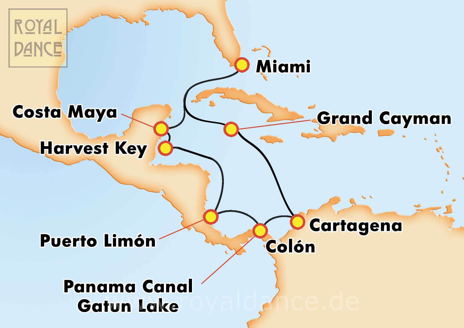 Route Tanzkreuzfahrt Miami, Karibik und Panamakanal